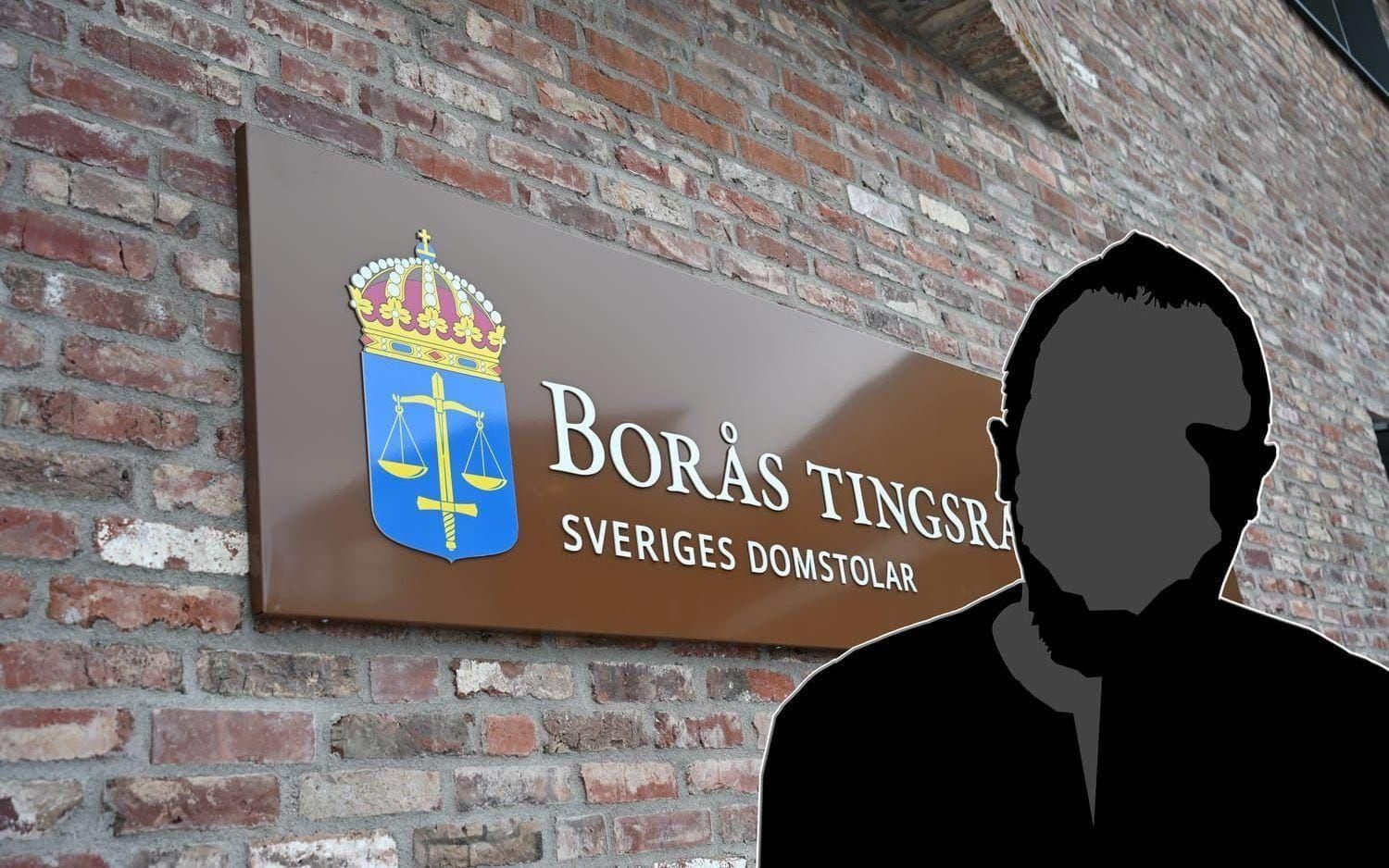 Kollage med fasadbild på Borås tingsrätt och en mörk manlig silhuett.