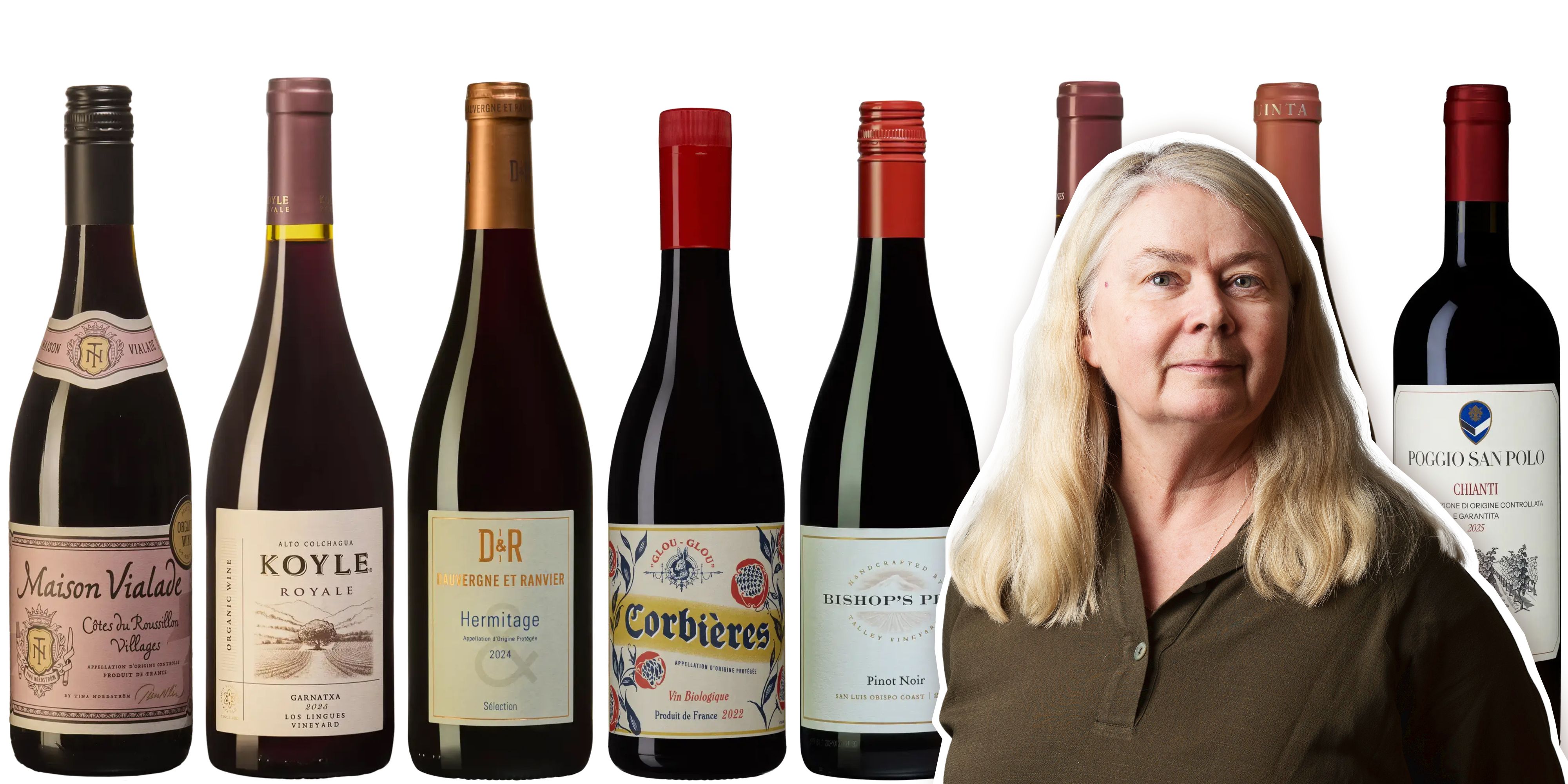Montage med åtta flaskor vin och GP:s vinskribent Marie Oskarsson i förgrunden.