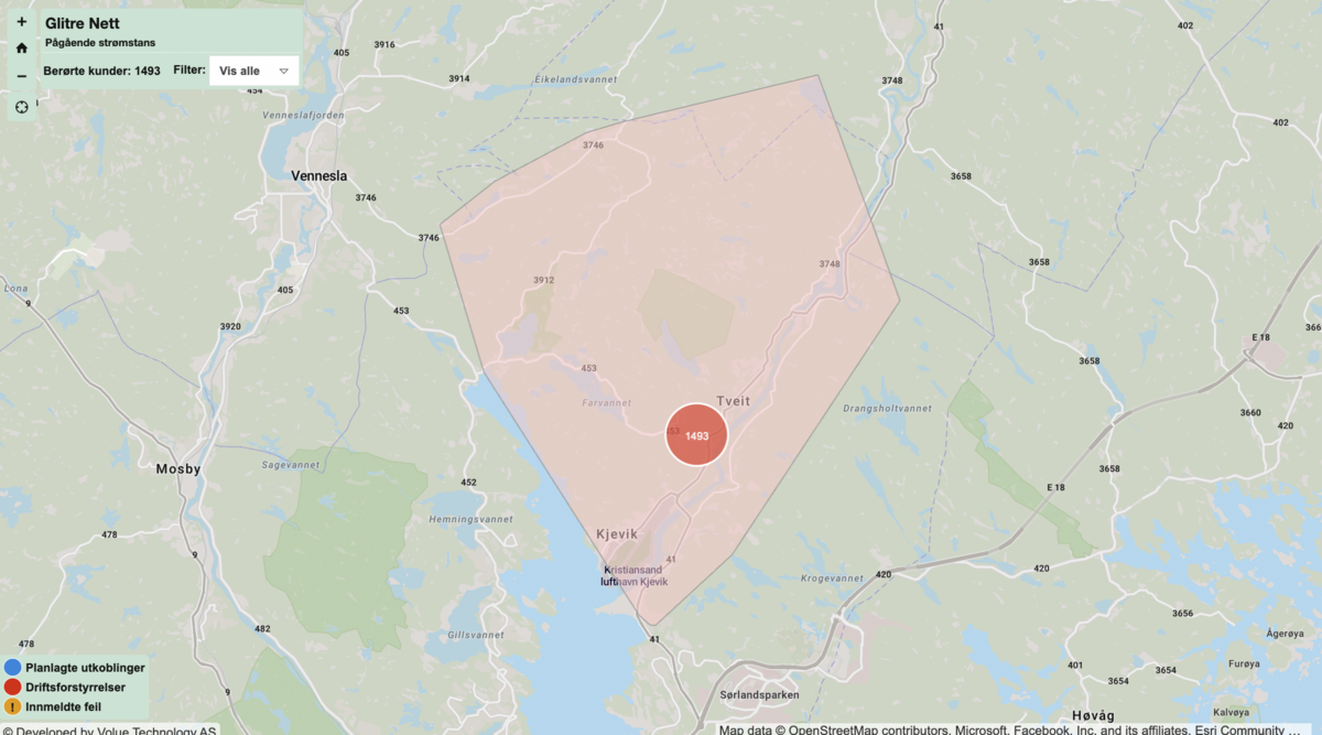 Over 600 uten strøm i Kristiansand