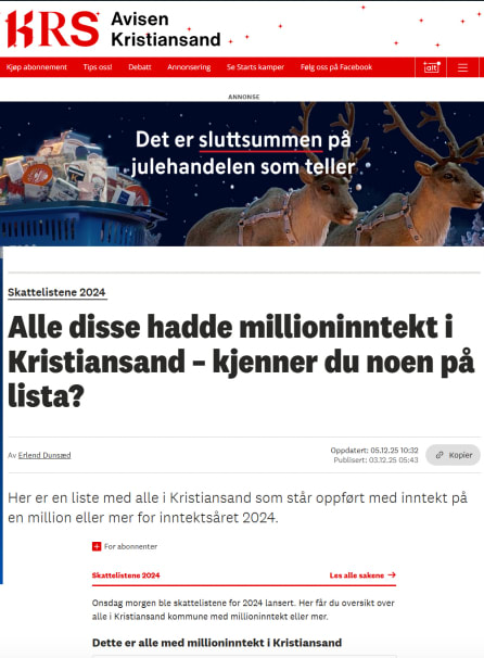 Publi­serte skatte­listene for nesten 5000 kristian­sandere. Kan risi­kere utesten­gelse.