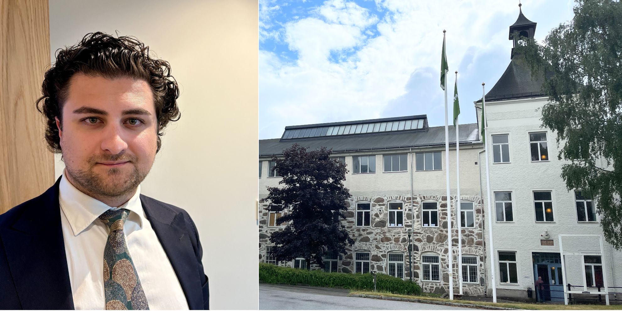 Collage med man jämte fabriksbyggnad