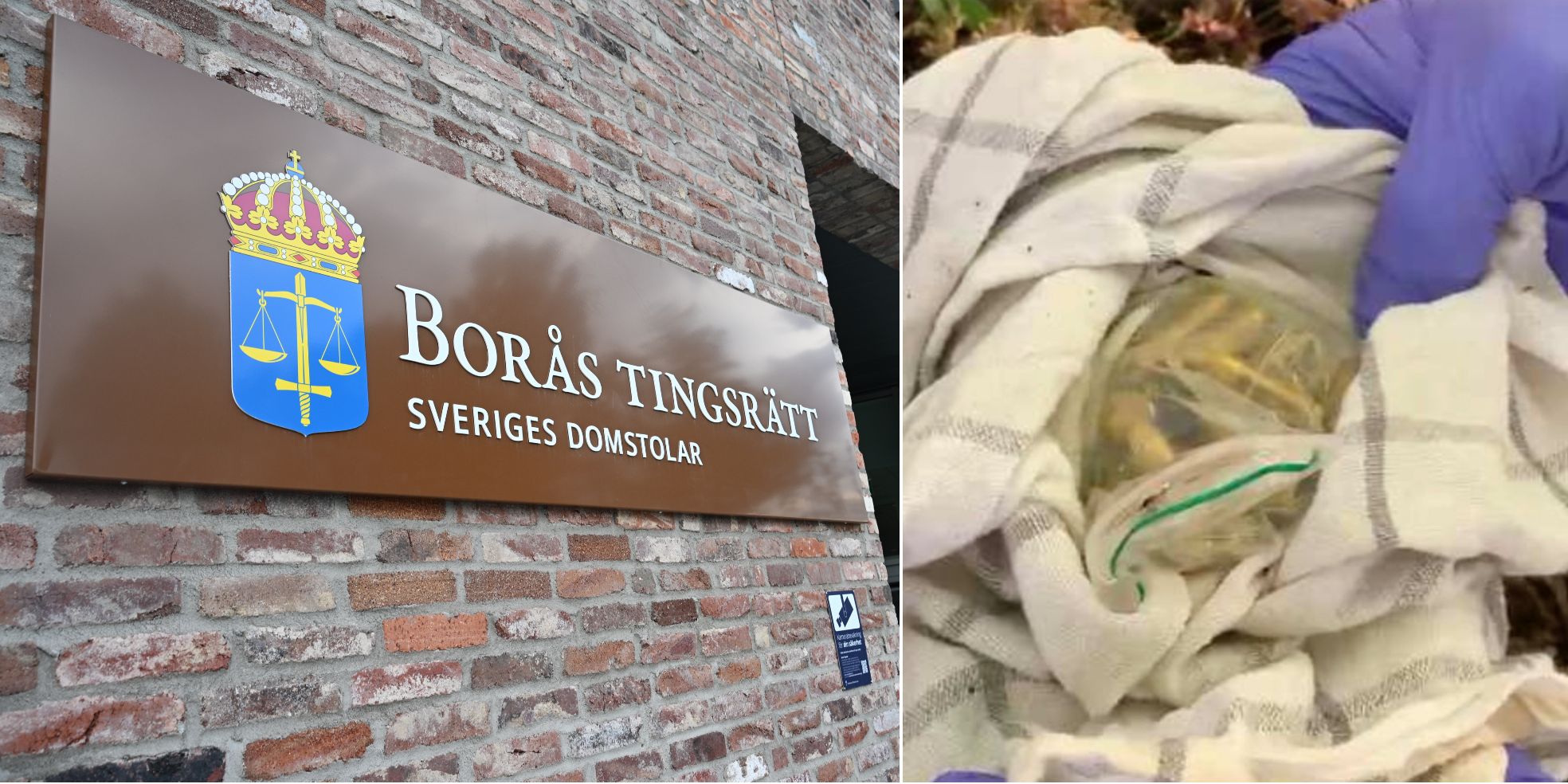 Montagebild på Borås tingsrätt och en burk med patroner.