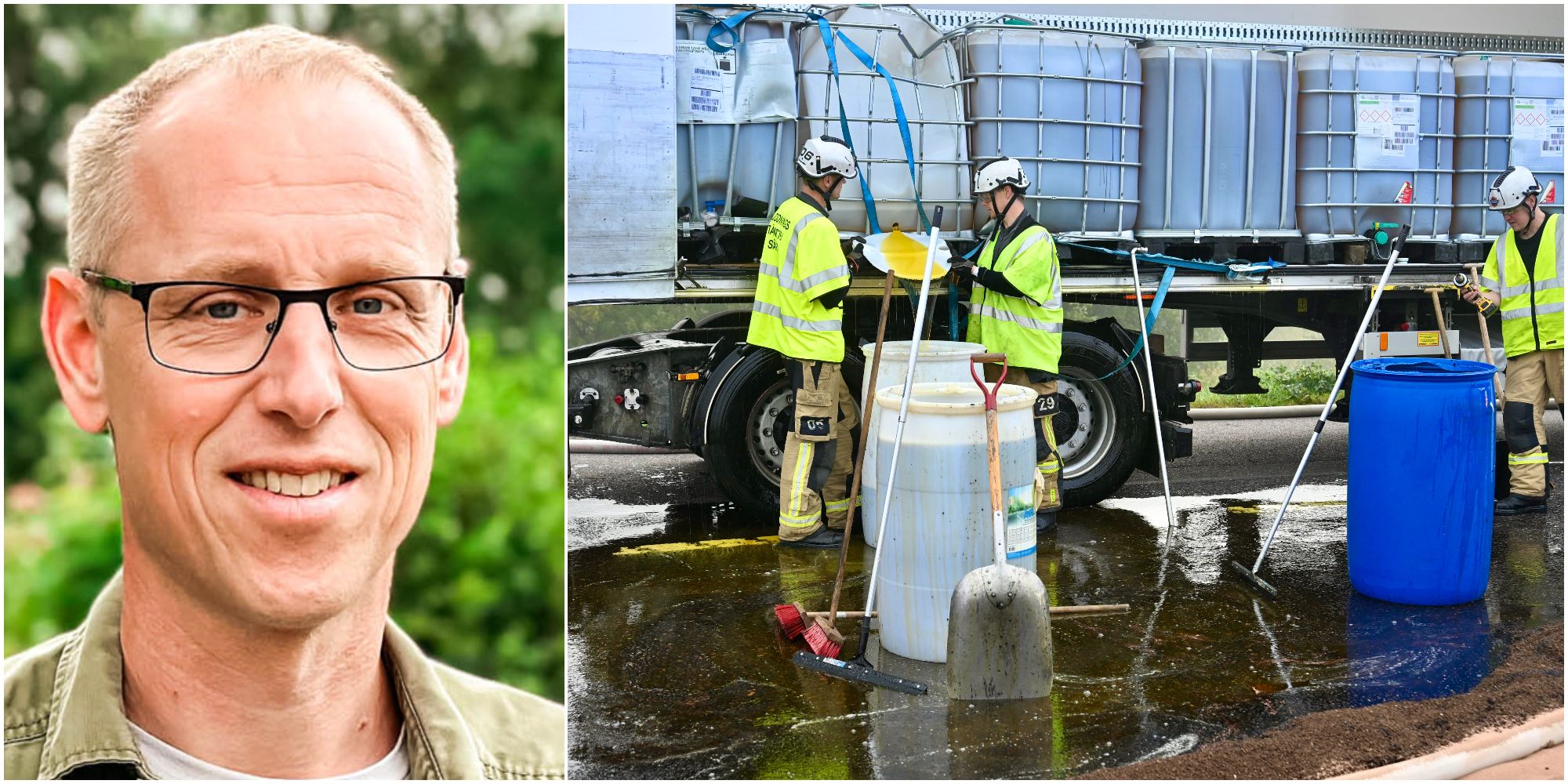 Kollage med en man i glasögon till vänster och personer i varselkläder som jobbar med att sanera ett utsläpp från en lastbil.